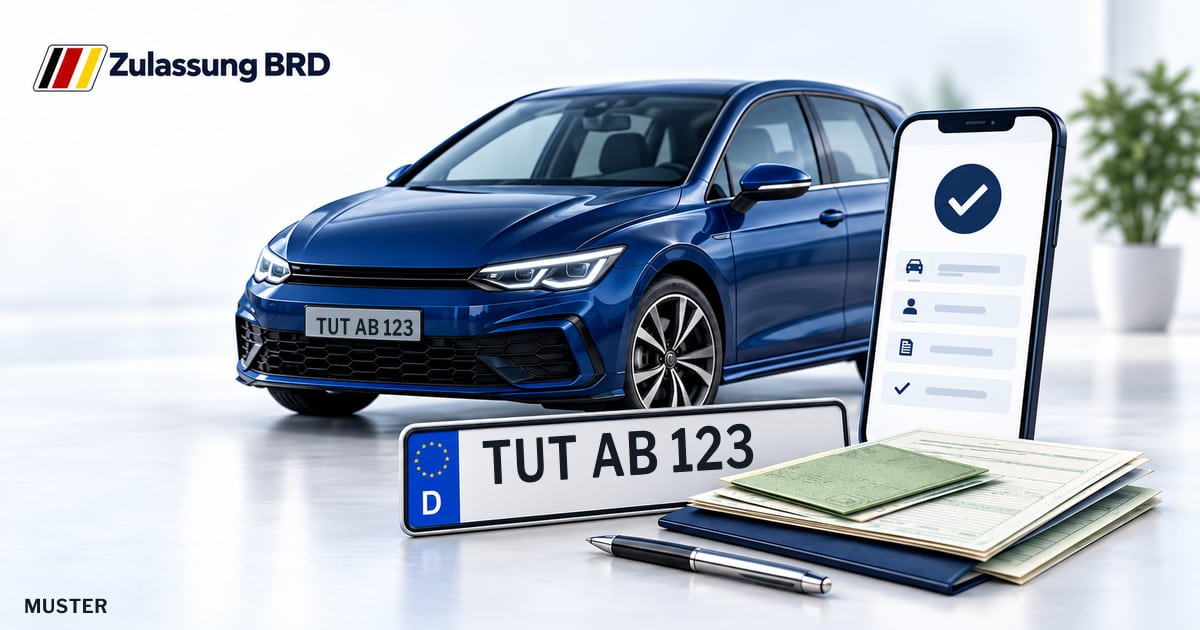 Online Fahrzeugzulassung in Tuttlingen: Musterkennzeichen TUT AB 123, Auto und Fahrzeugpapiere und Smartphone. Illustration mit Logo von Zulassung BRD.